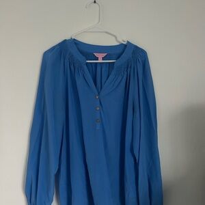 Lilly Pulitzer Blue Blouse with Mandarin Collar and 3/4 Sleeves